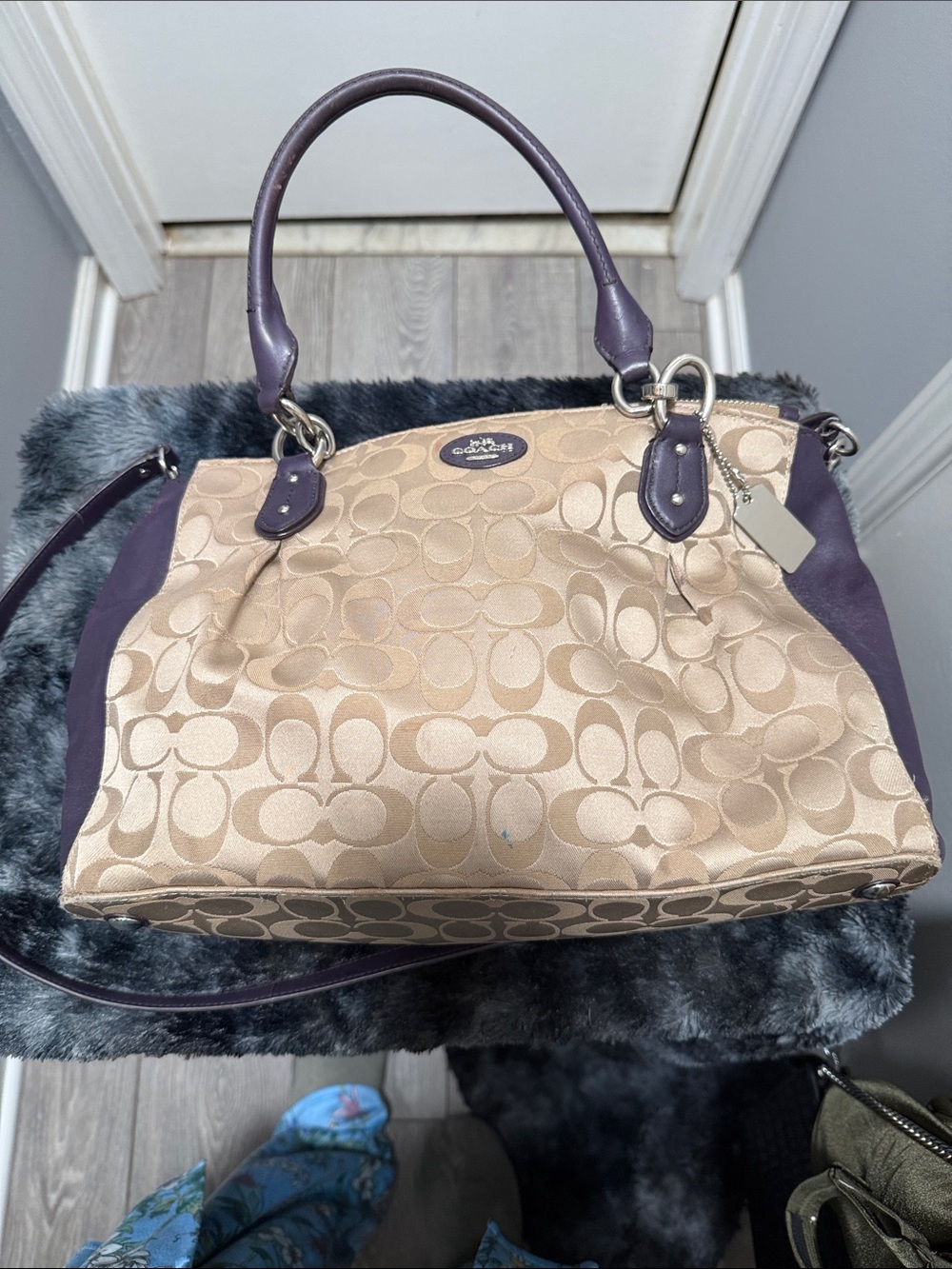Coach Tan and Purple Logo Tote with Leather Trim